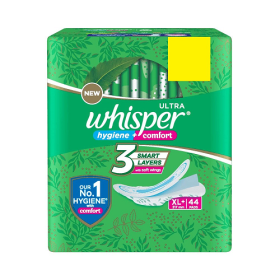 Whisper Ultra Clean (Hygiene+ Comfort) Wings Sanitary Pads for Women XL+ 44 Napkins